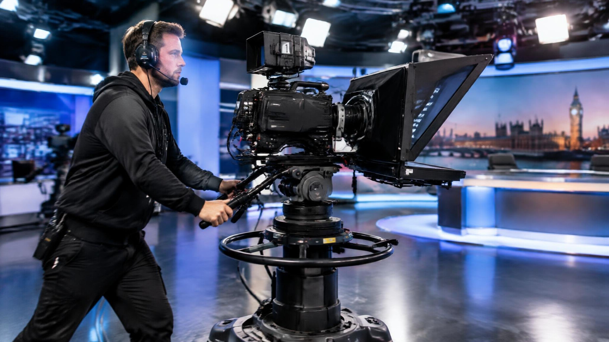 Camera operator moving a broadcast camera on a pedestal in a studio
