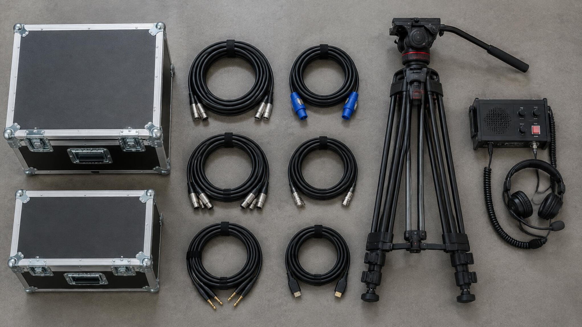 Studio equipment cases, cables and a camera tripod prepared for setup