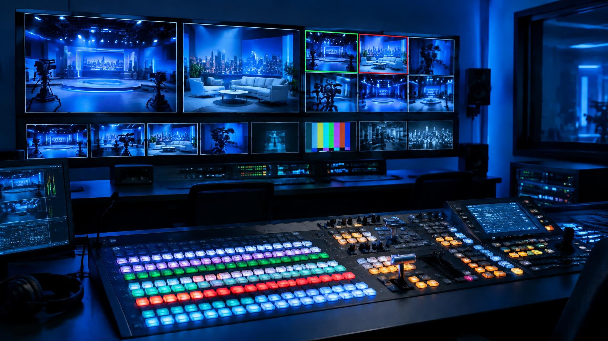 Television production gallery with a wall of monitors and a vision mixer