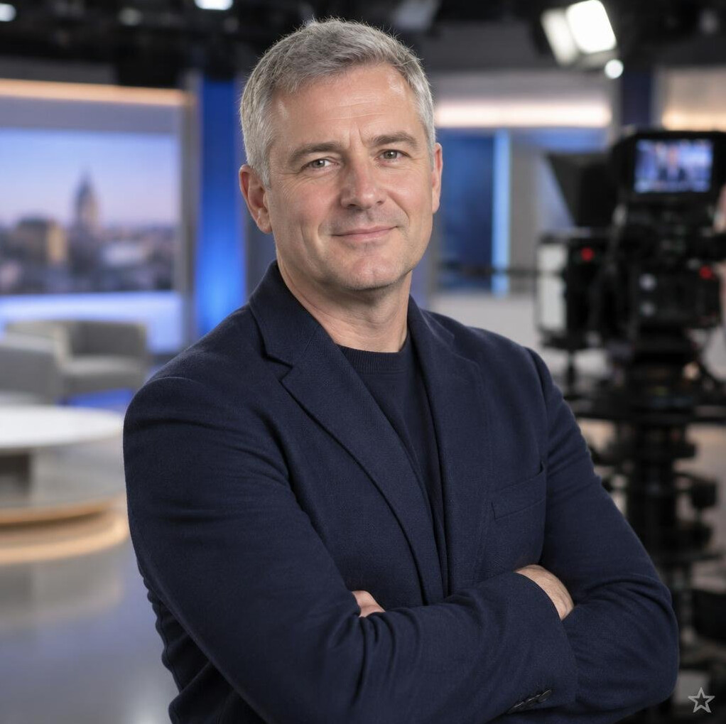Portrait of a middle aged British man in a dark jacket in a TV studio