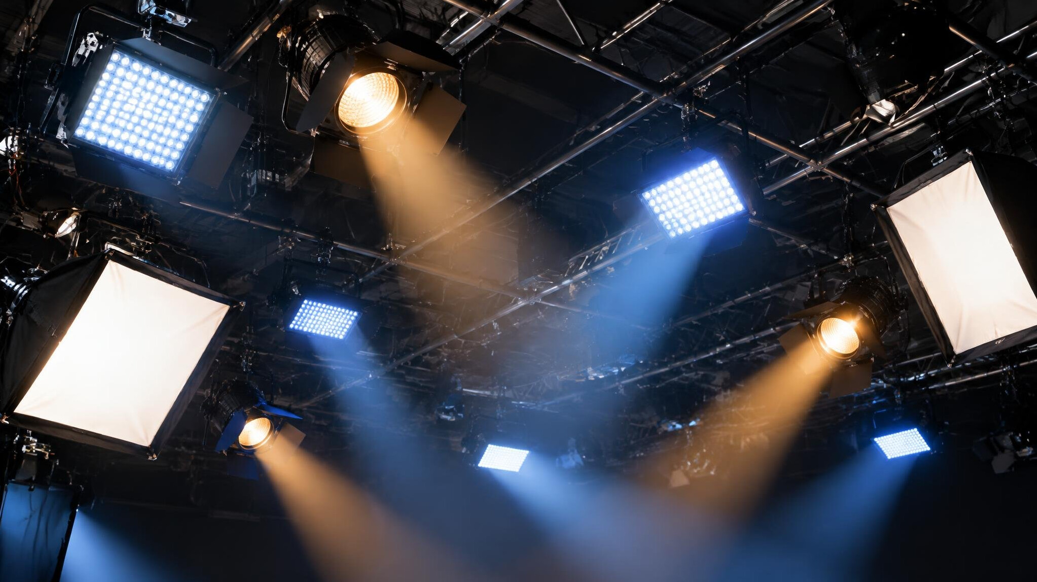 Overhead studio lighting grid with soft box and spot lights