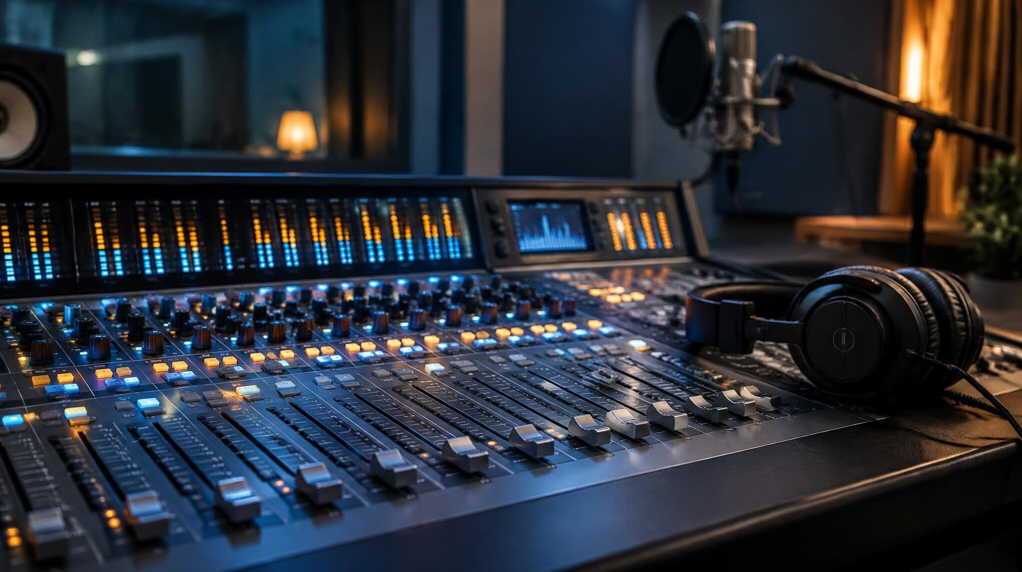 Audio mixing desk with faders and headphones in a studio gallery
