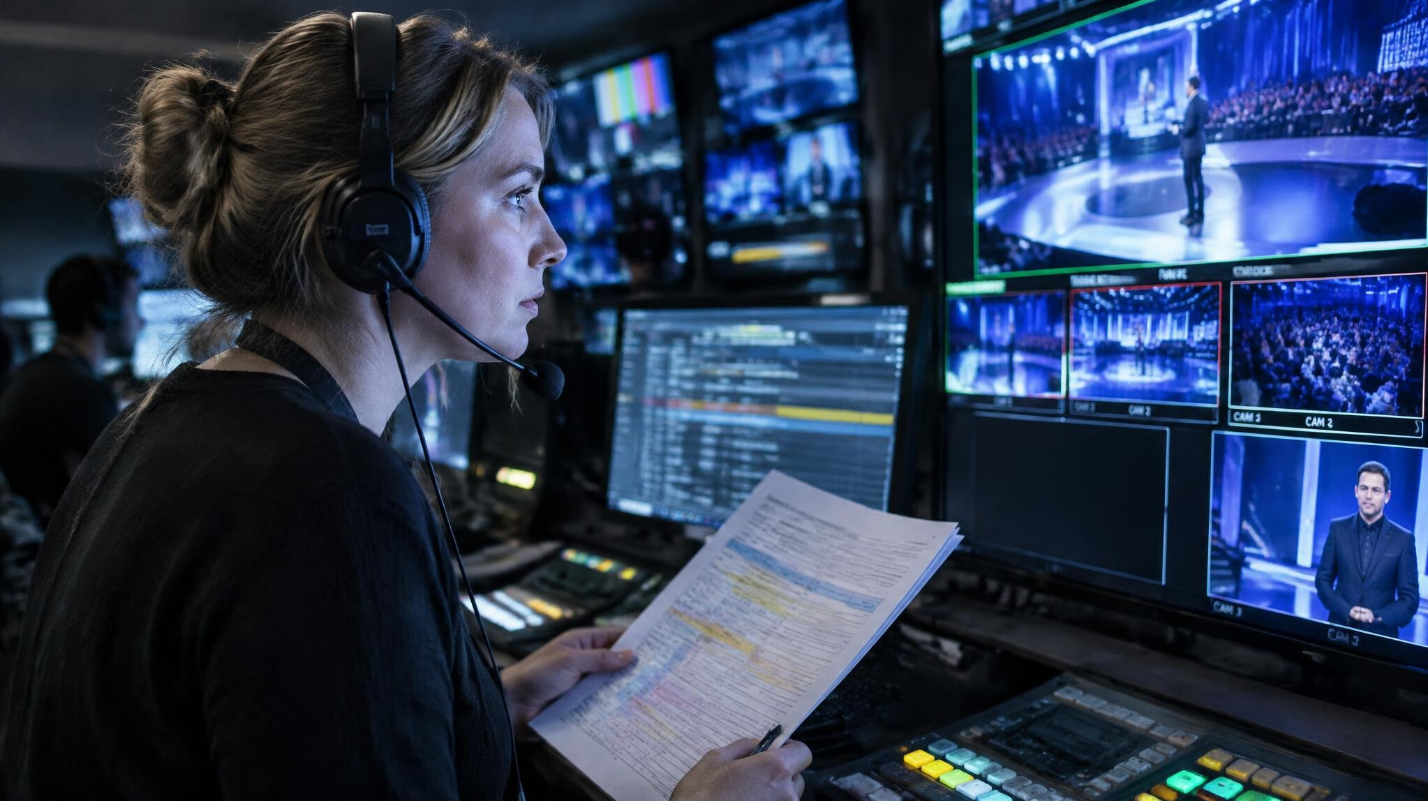 Producer with a script and headset directing a live show from the gallery
